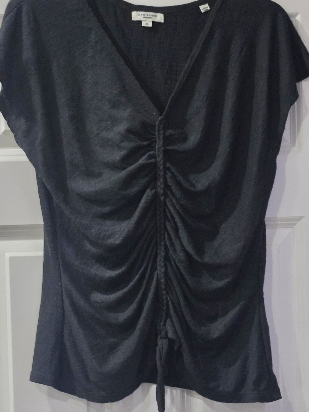 Max Studio Black V-Neck Ruched Front Short Sleeve Top